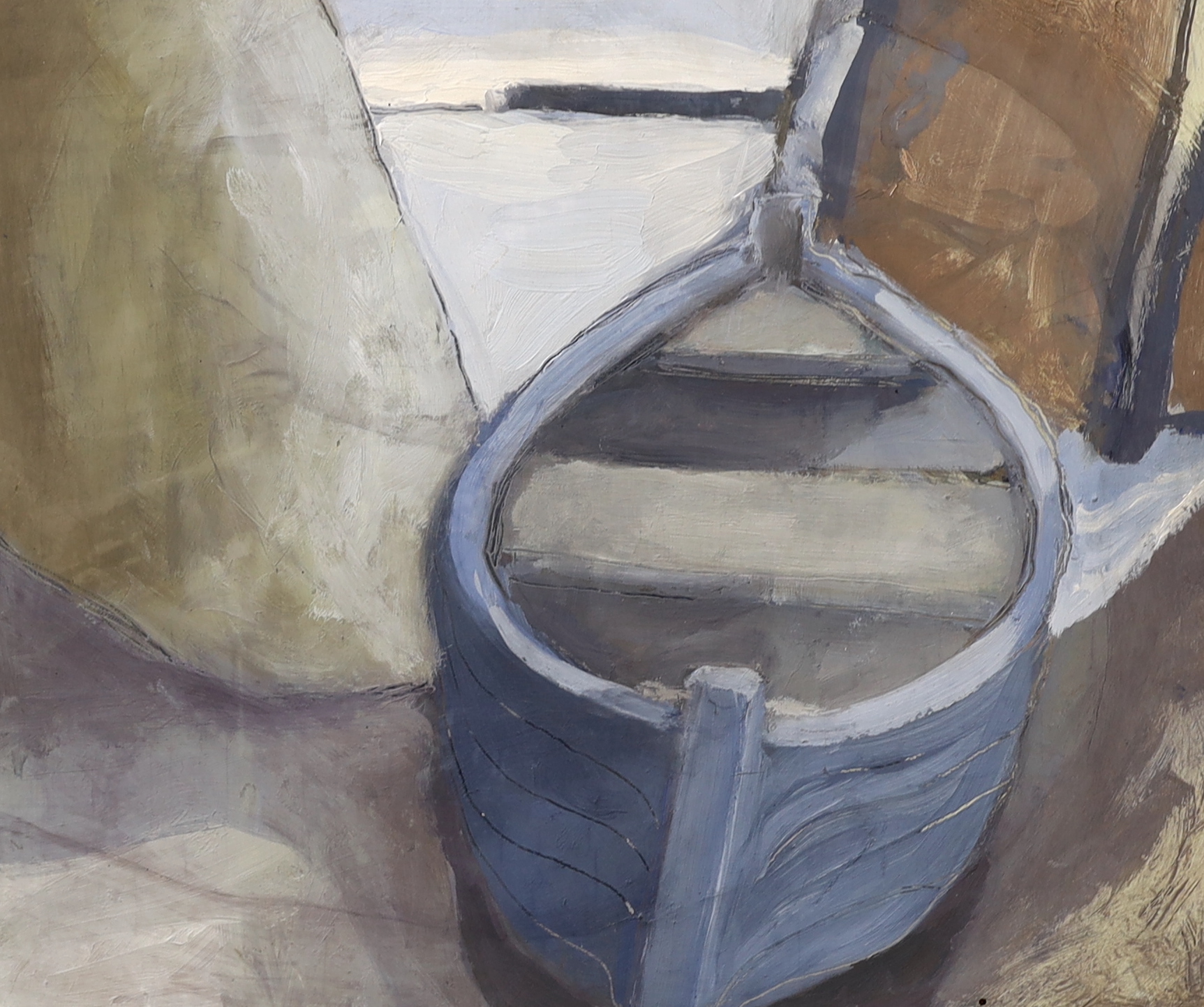 Sarah Lord (b.1964), oil on gesso, 'Blue boat between harbour walls', artist's labels verso, 23.5 x 28cm